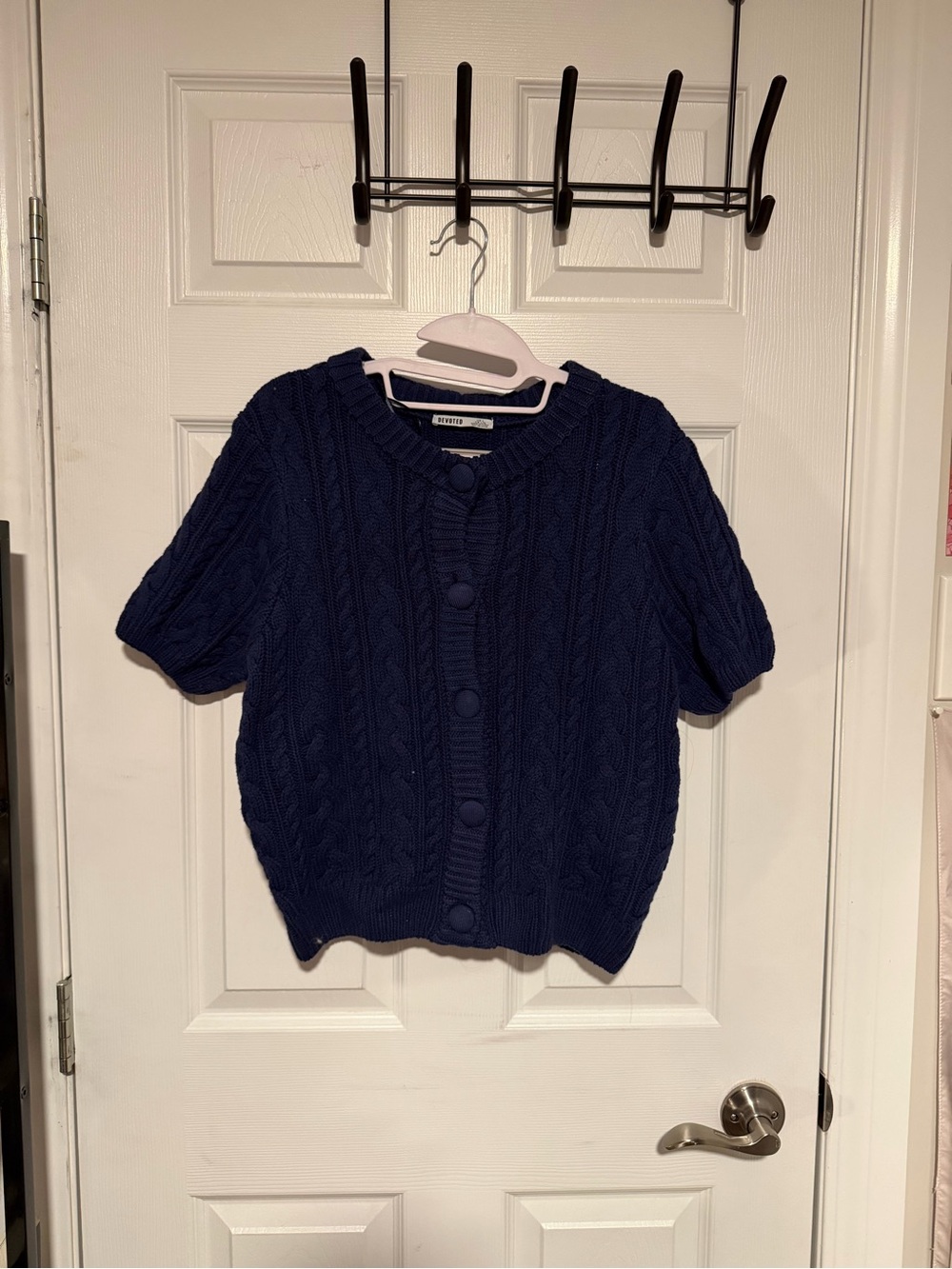 Navy Short-Sleeve Cable Knit Cardigan